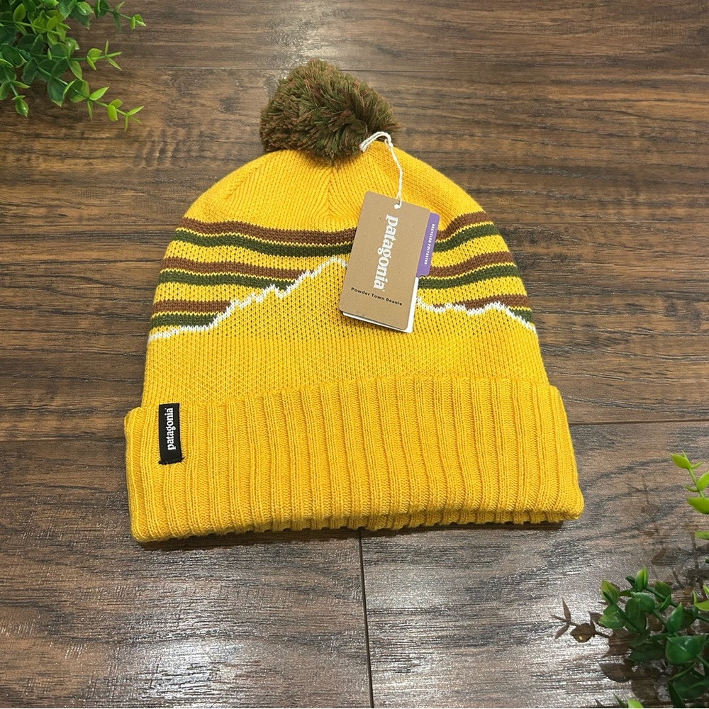 NWT PATAGONIA Powder Town Beanie Fitz Roy Stripe Knit Pom Pom Hat Cabin Gold